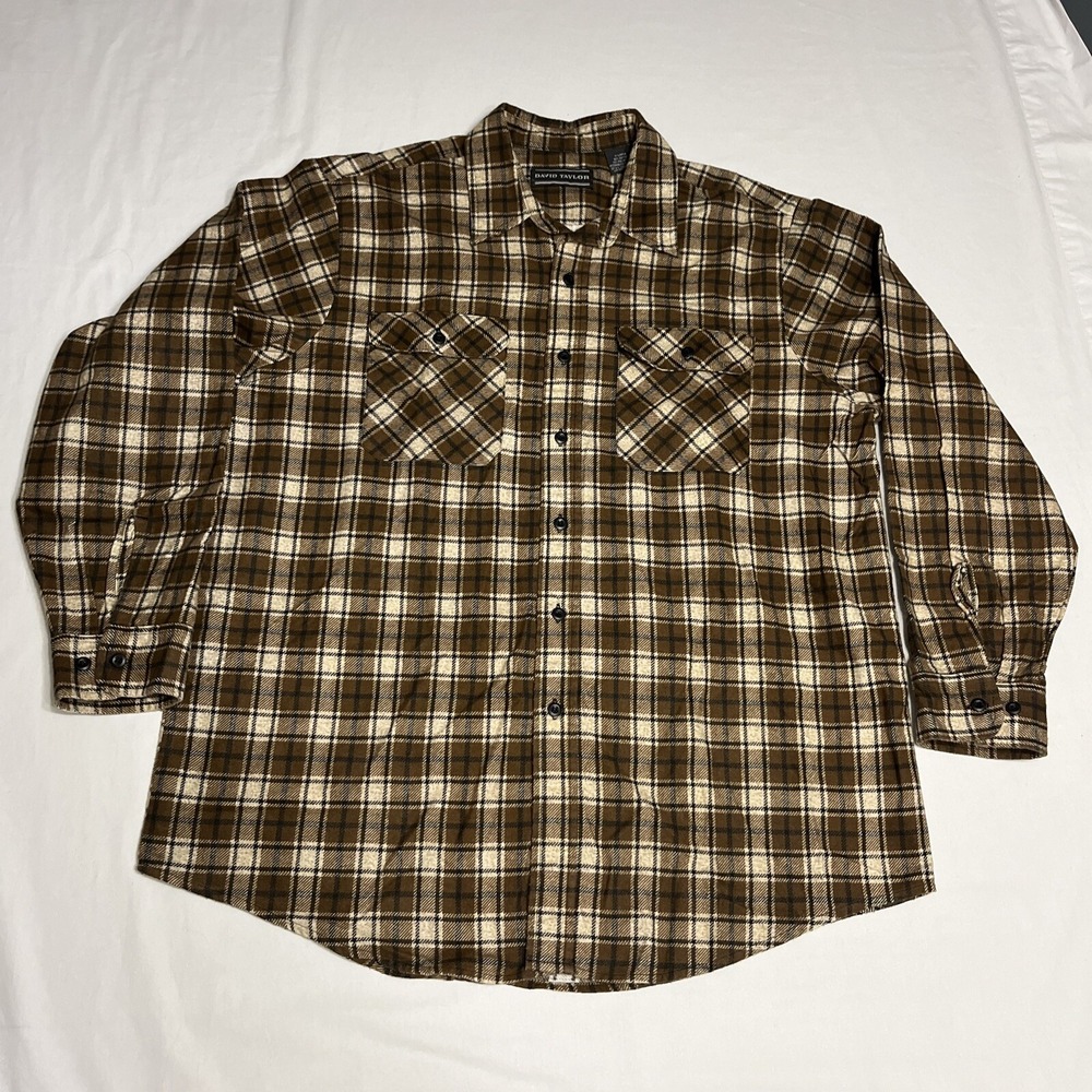 David Taylor Flannel Button Up Shirt Mens L Brown Plaid Basic Outdoors Hiking - Picture 1 of 6